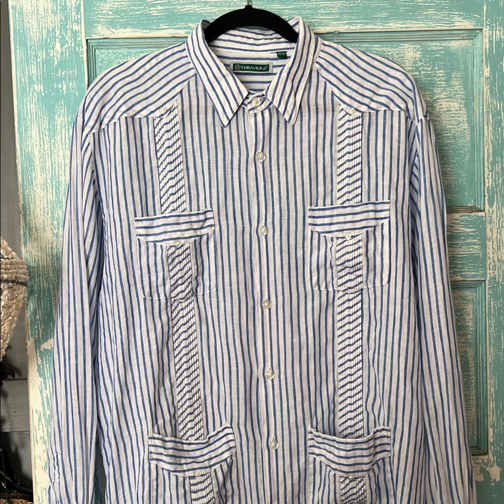 Cubavera Blue and White Striped 100% linen Guayabera Shirt